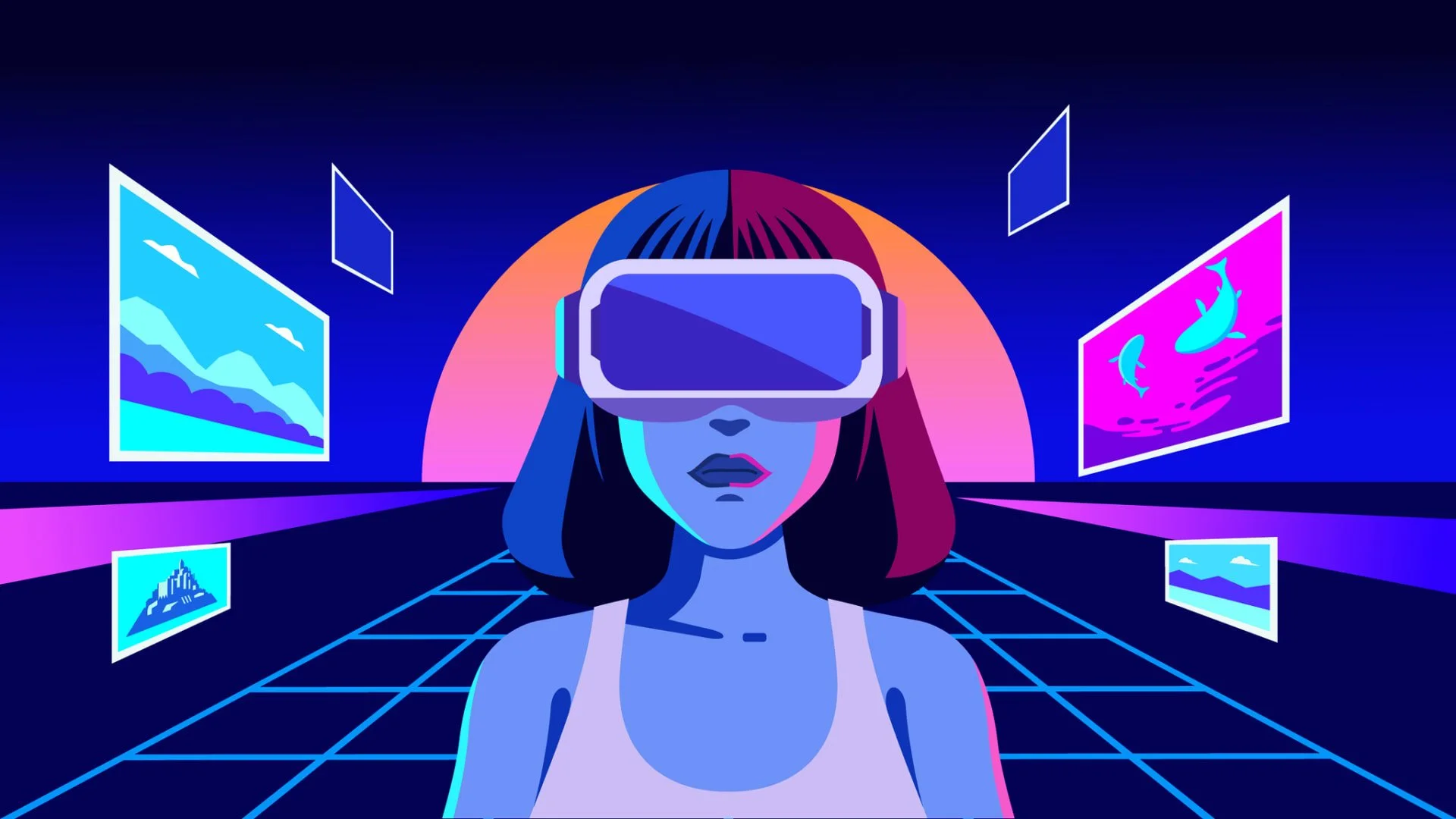 Graphic of female wearing virtual reality glasses while surrounding by digital screens.