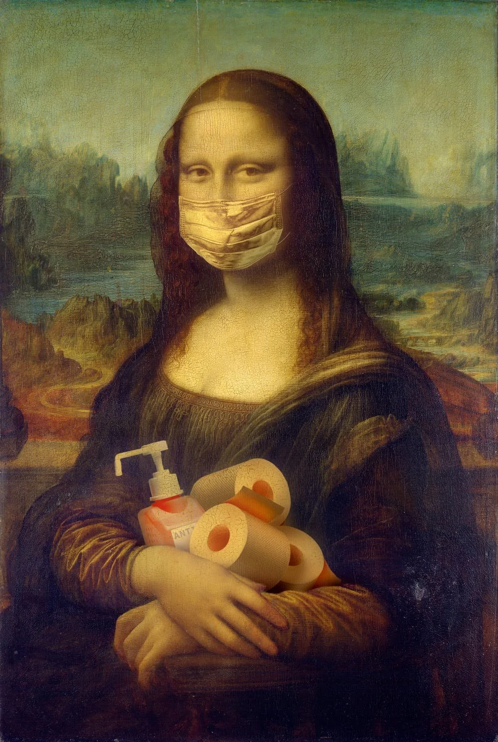 The portrait of the Mona Lisa photoshopped with a COVID mask, toilet paper, and hand sanitizer.