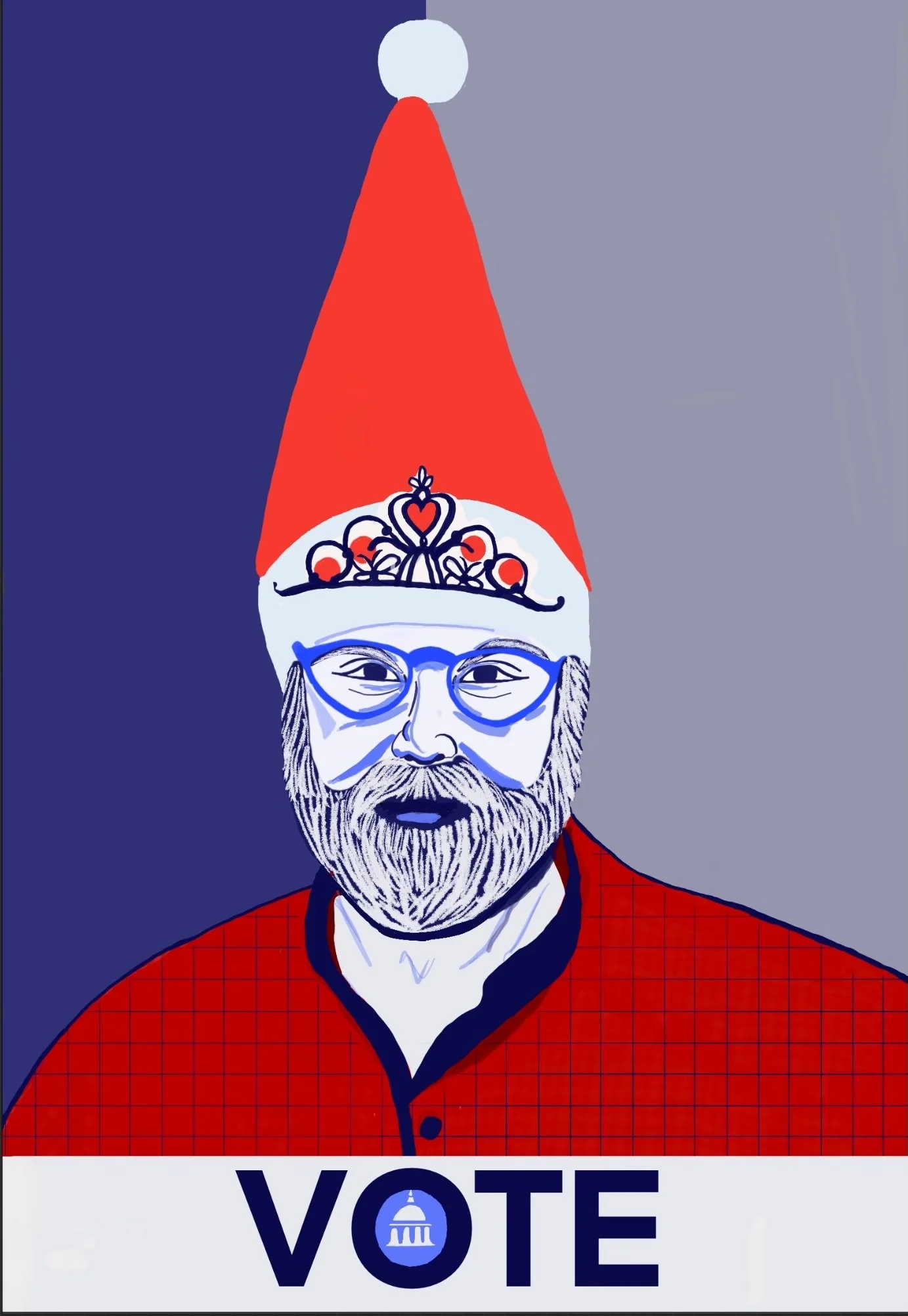 Graphic design image of Dr. Shelburne wearing a Santa Clause hat and a tiara with the imperative VOTE written underneath.