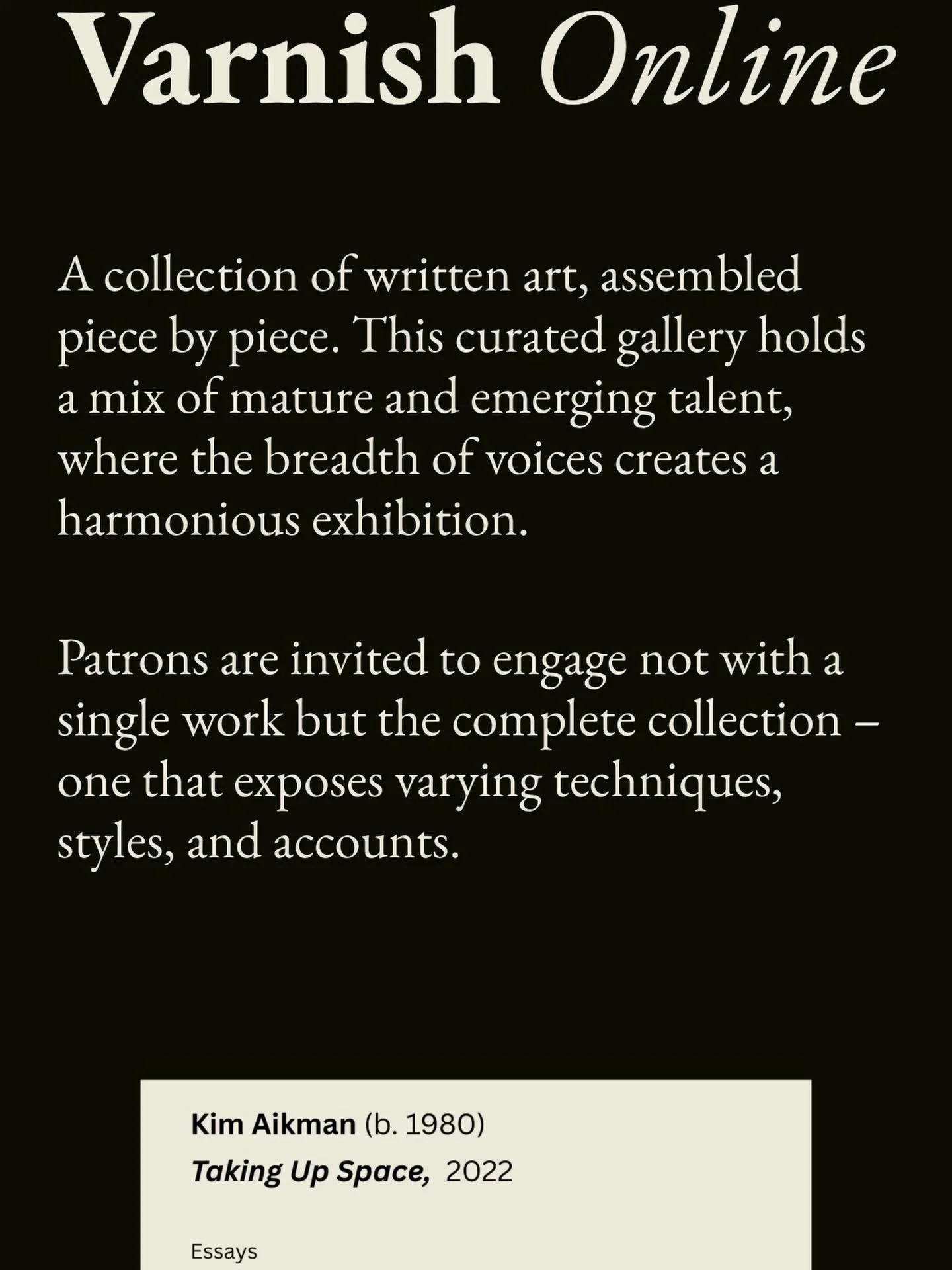 My essay, &lsquo;Taking Up Space&rsquo;, is now published at Varnish Online. So happy for this one to be out in the world. 🖤 Link in bio.
https://www.varnishlit.com/online/category/Essays