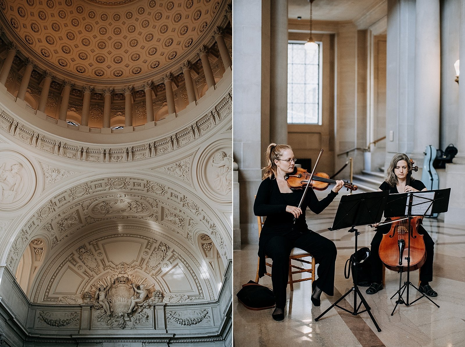  grand architecture of city hall and two musicians playing violin and cello   
