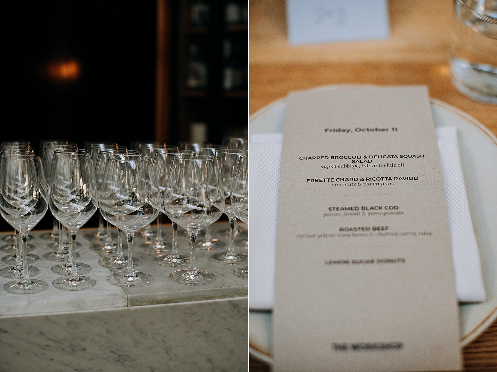  wine glasses and wedding menu printed and placed on table setting  