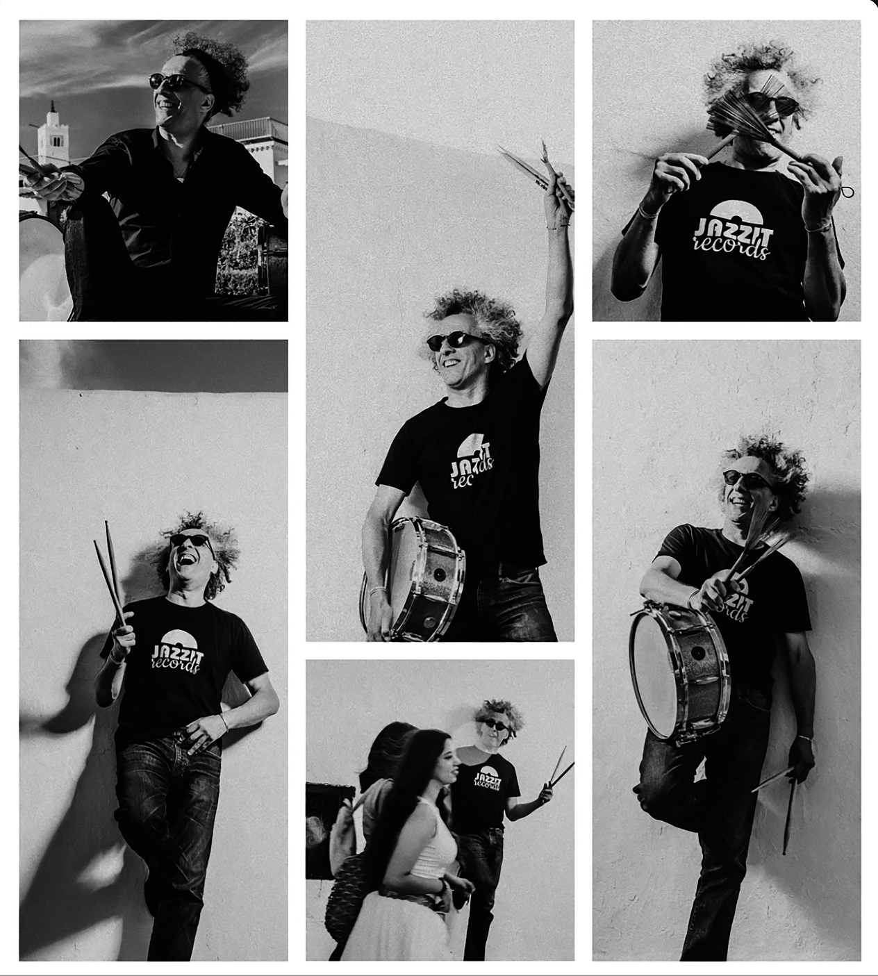 Collage de sept photos en noir et blanc de personnes souriantes, portant des t-shirts 'Jazz it Records', jouant de la batterie ou de la percussion, et posant contre des murs ou en extérieur.