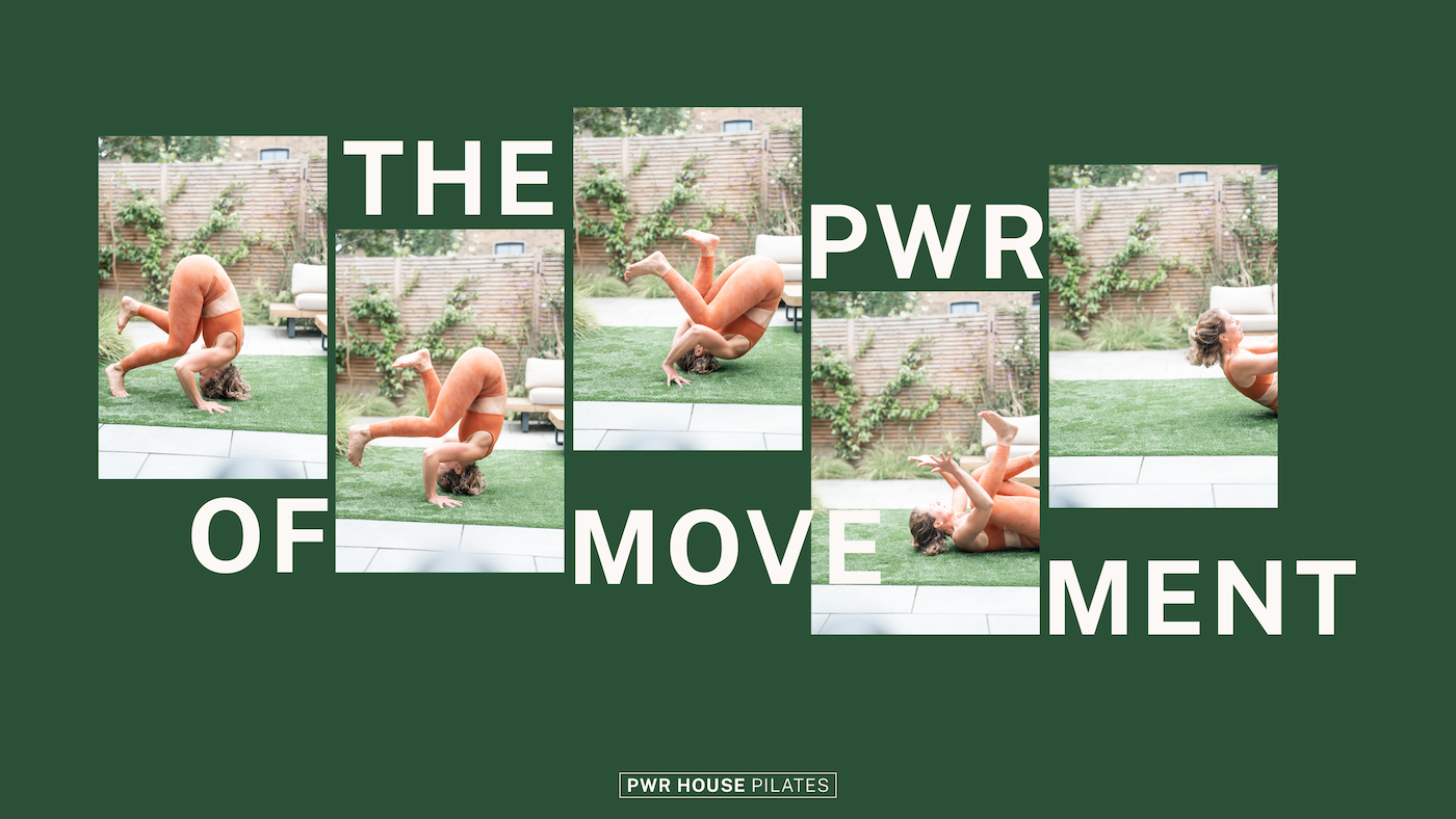 A woman performing a yoga pose outdoors with the text "The Power of Movement" overlaid and a "PWR House Pilates" logo at the bottom.