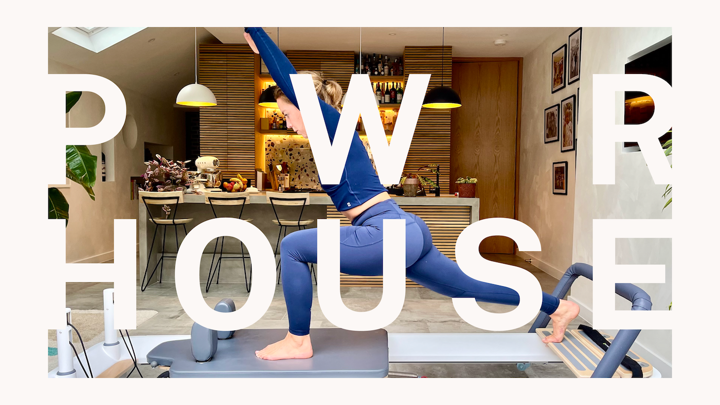 Person in blue workout clothes exercising on a stationary bike in home kitchen, with large white text reading 'HOME & HOUSE' overlaid.
