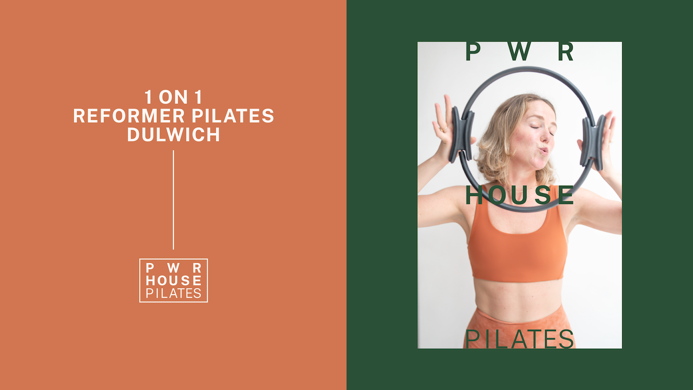 A promotional graphic with a split design. The left side has a rust-colored background with white text that reads, "1 ON 1 REFORMER PILATES DULWICH," and a small logo reading "PWR HOUSE PILATES". The right side features a woman with blonde hair in an