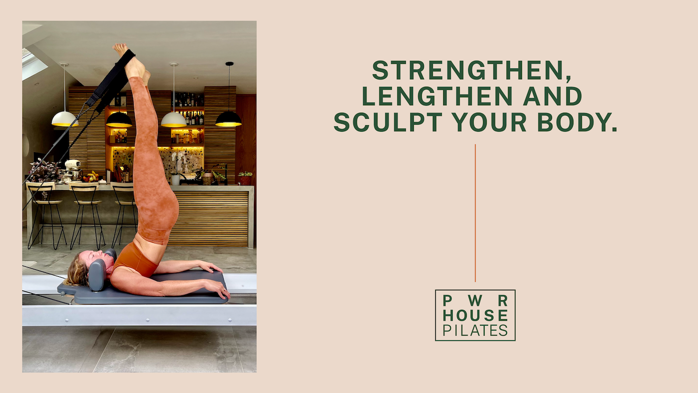 A woman practicing Pilates on a reformer machine in a modern kitchen or living space, with text emphasizing body strengthening and toning.