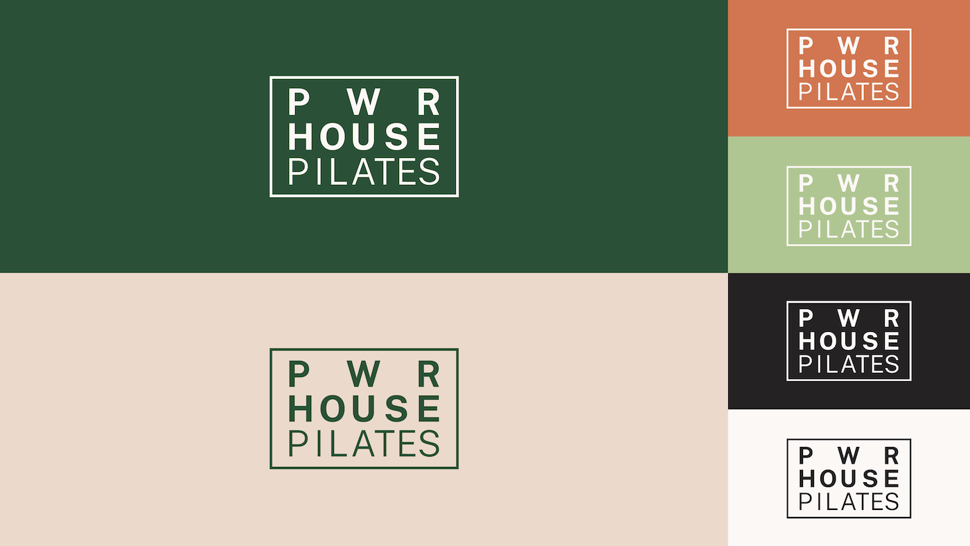 Color palette featuring six different color squares with the text 'PWR HOUSE PILATES' inside each square in various formats and backgrounds, including green, orange, beige, black, and white.