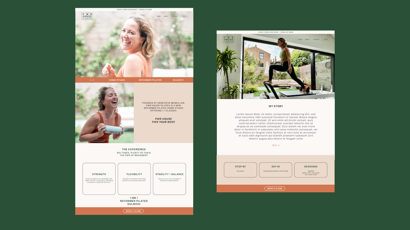 Screenshots of a Pilates studio website featuring two pages: one with a smiling woman holding a Pilates equipment, and another with a woman exercising on a reformer machine in a bright room with large windows and outdoor scenery.