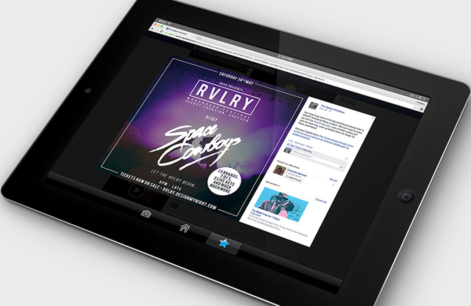 Tablet displaying an event poster with text "RVLRY" and "Space Cowboy," on a stylized digital layout."}