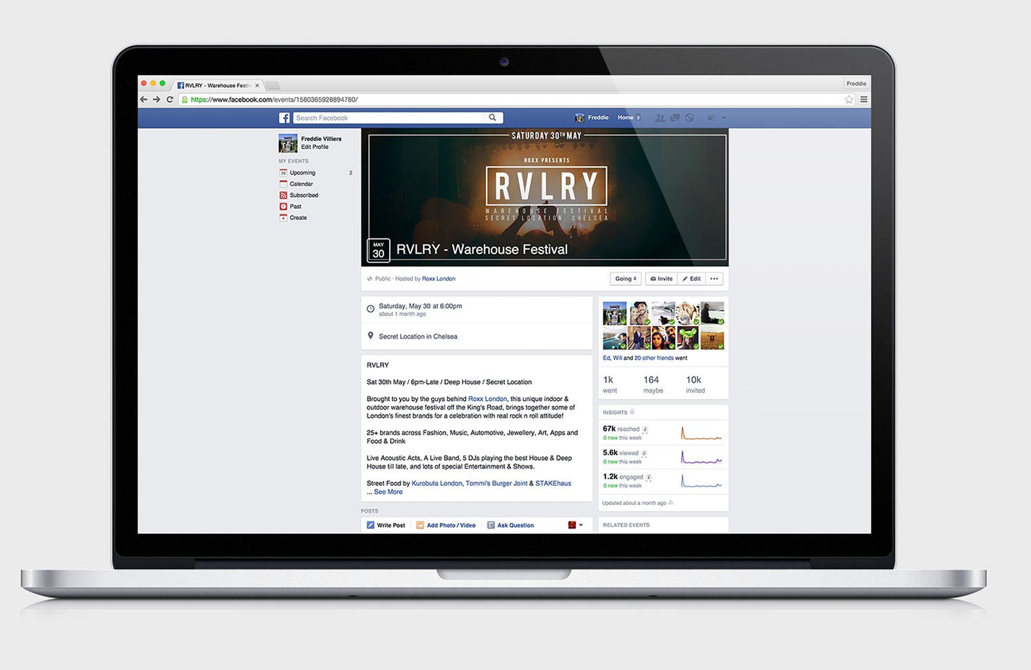 Laptop screen displaying a Facebook event page for "RVLRY - Warehouse Festival" on May 30 in Chelsea, with event details and engagement statistics.