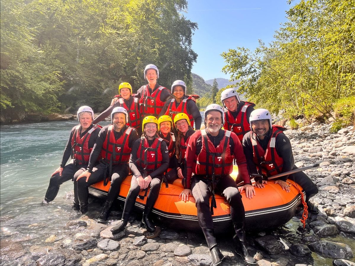 Founders whitewater rafting through Alpine gorge at Alptitude
