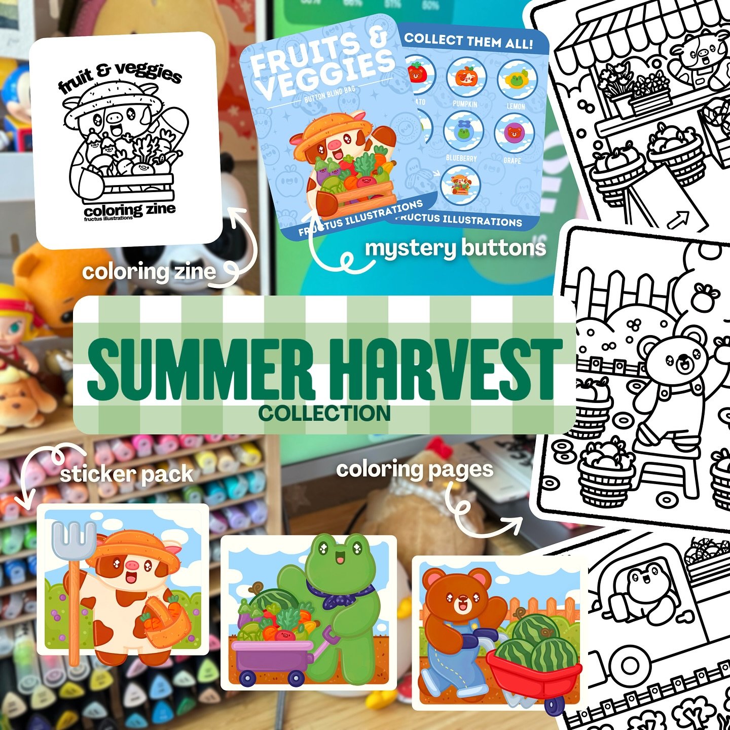 Summer Harvest Collection is almost here! 🧑&zwj;🌾

Been working all week on this mini collection and I&rsquo;m very excited to share all the new things I made! 

🥕&nbsp;A small coloring zine with 10 little doodle pages (including the cover) to col