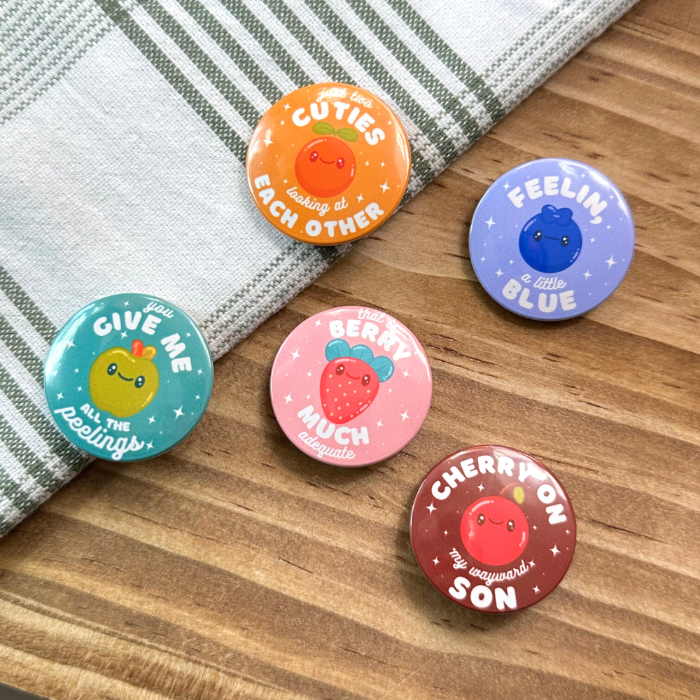 Funny Happy Fruit Button Pins — Fructus Illustrations Home Page