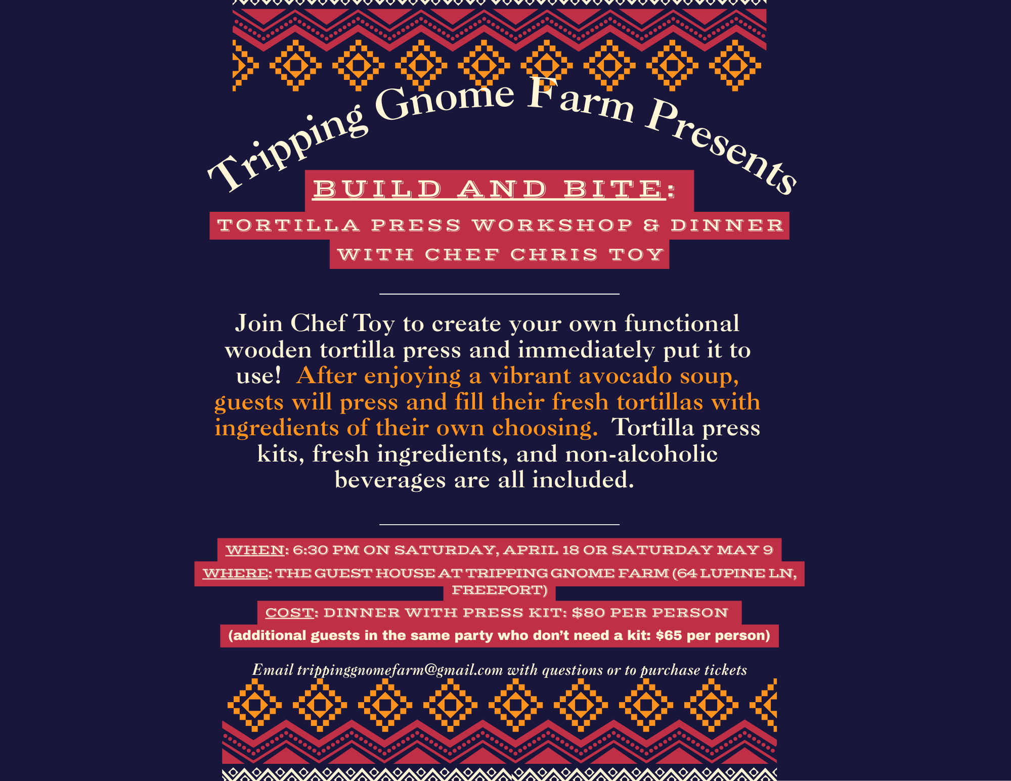 Come join us for this hands-on workshop with our friend, Chef Chris Toy! Each dinner is limited to 14 participants.  Email with questions or to purchase tickets.
