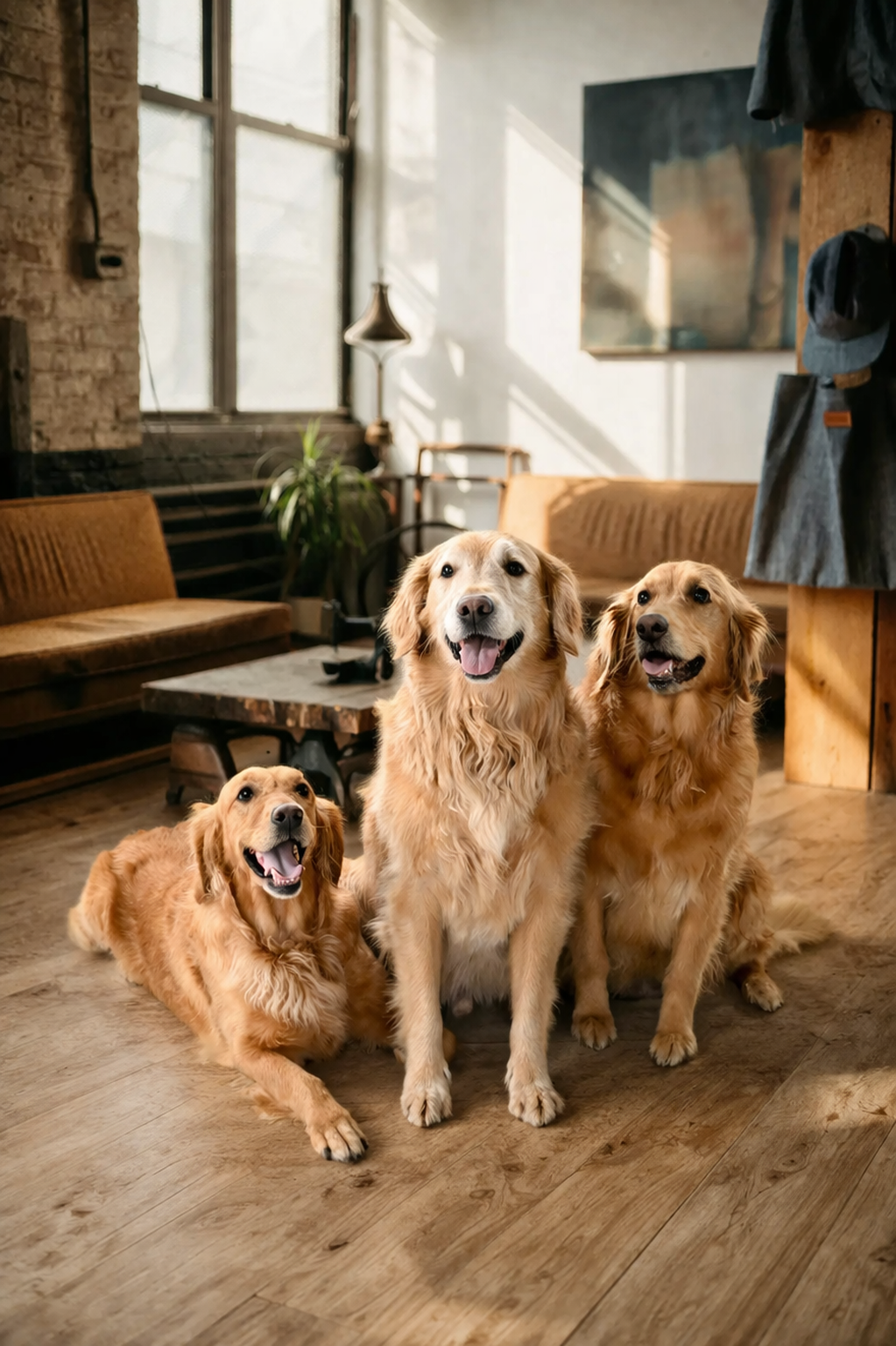 Three golden retrievers in a cozy, rustic living room with large windows, wooden furniture, and a potted plant.