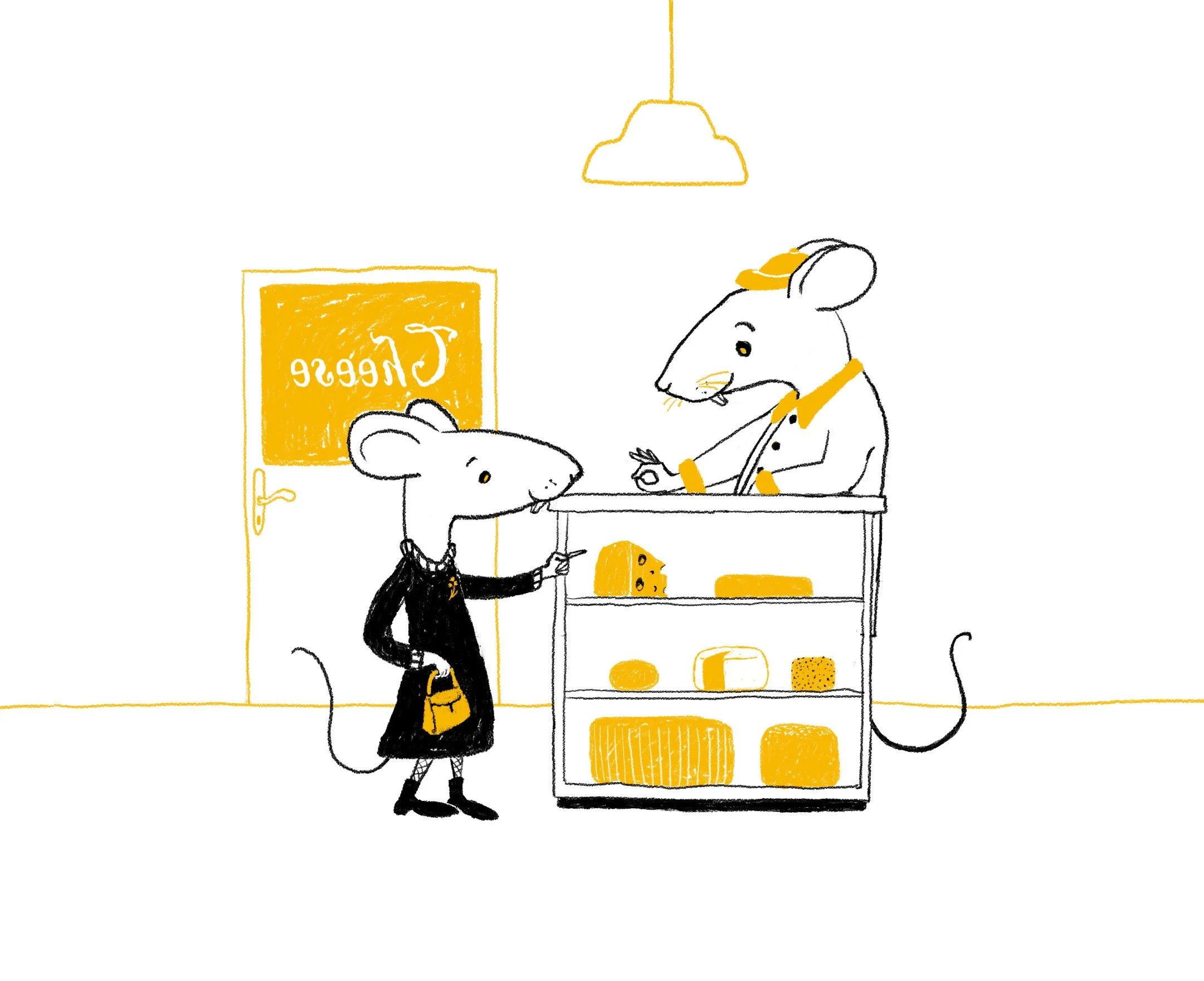 Illustration of mouse buying cheese in a shop.