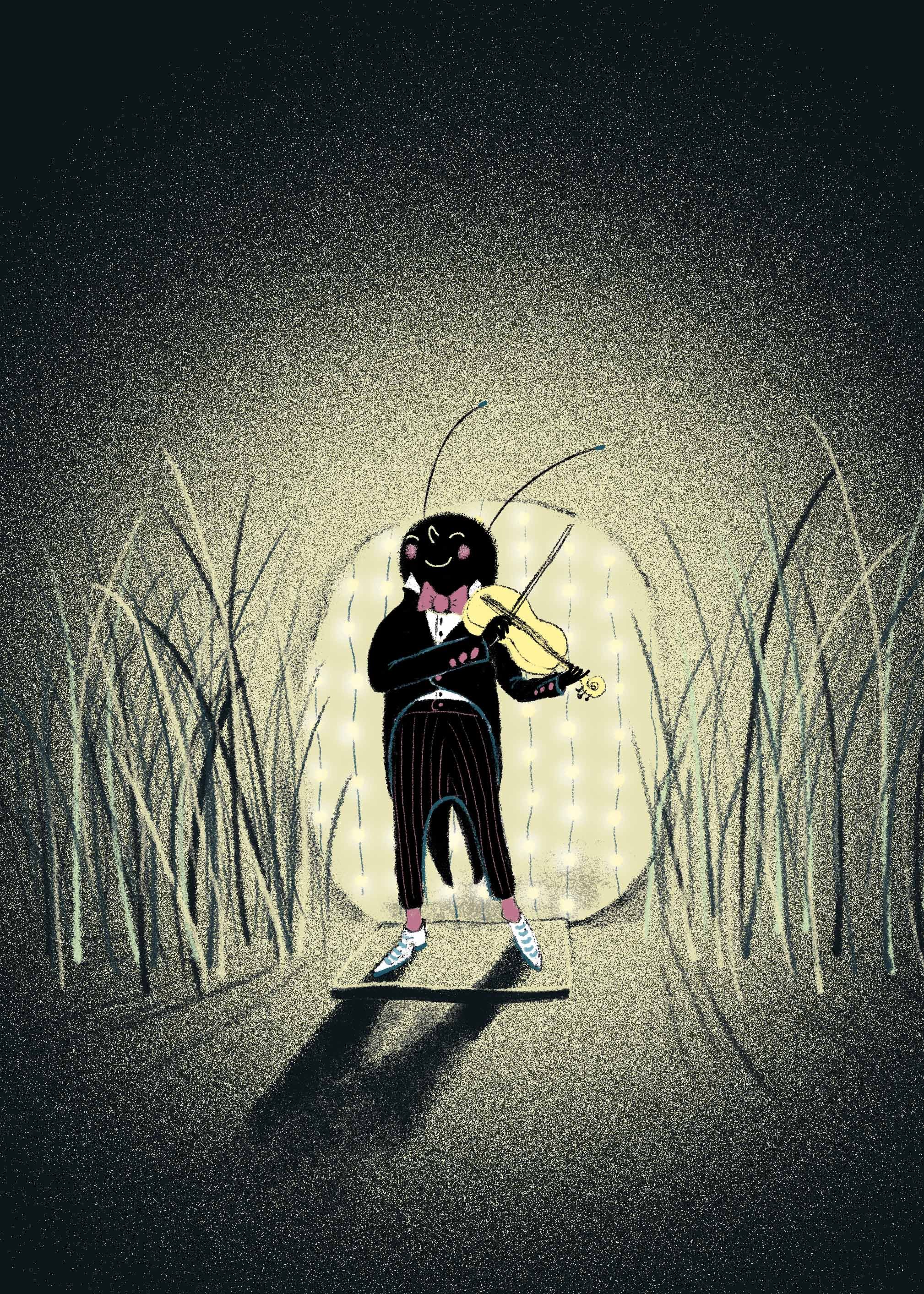 CRICKET PLAYING MUSIC VIOLIN WHIMSICAL NIGHT SCEENE