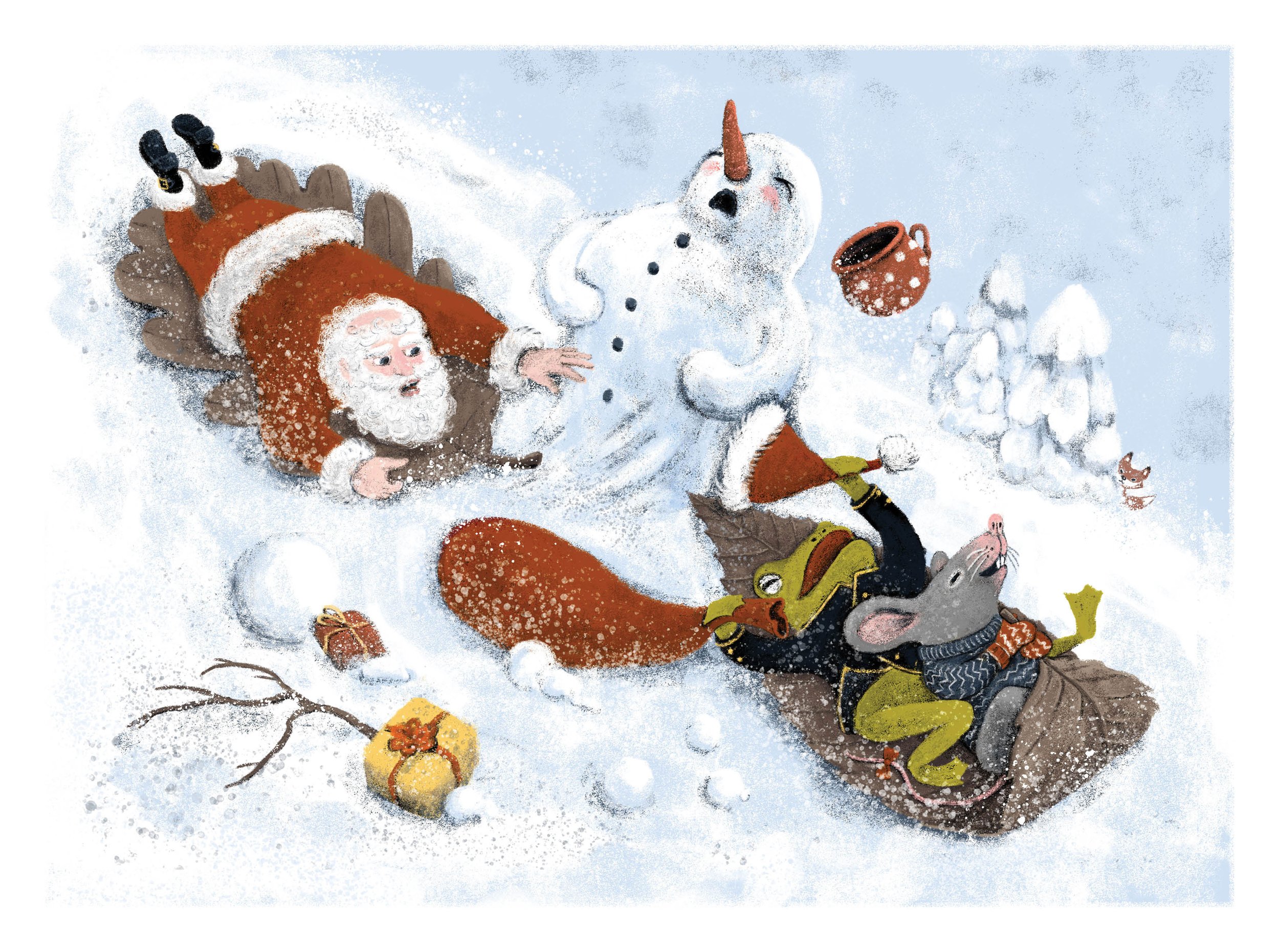 Winter time in snowy landscape with Mouse and Frog