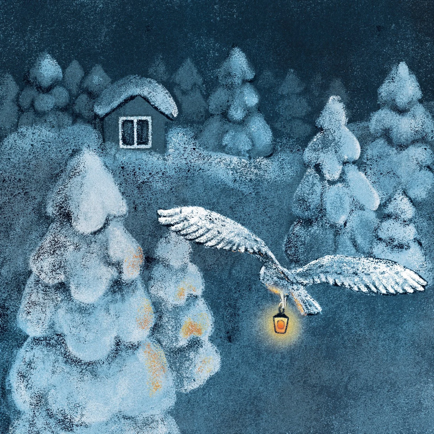 Owl in winter landscape, illustration