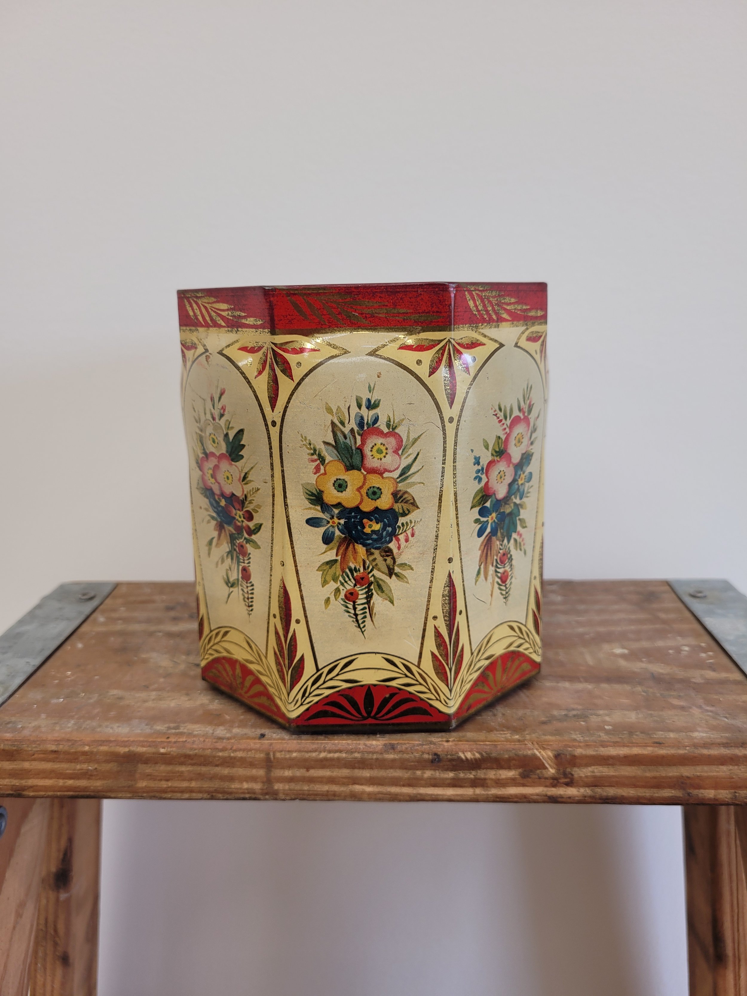 vintage octogon floral tin canister - no lid