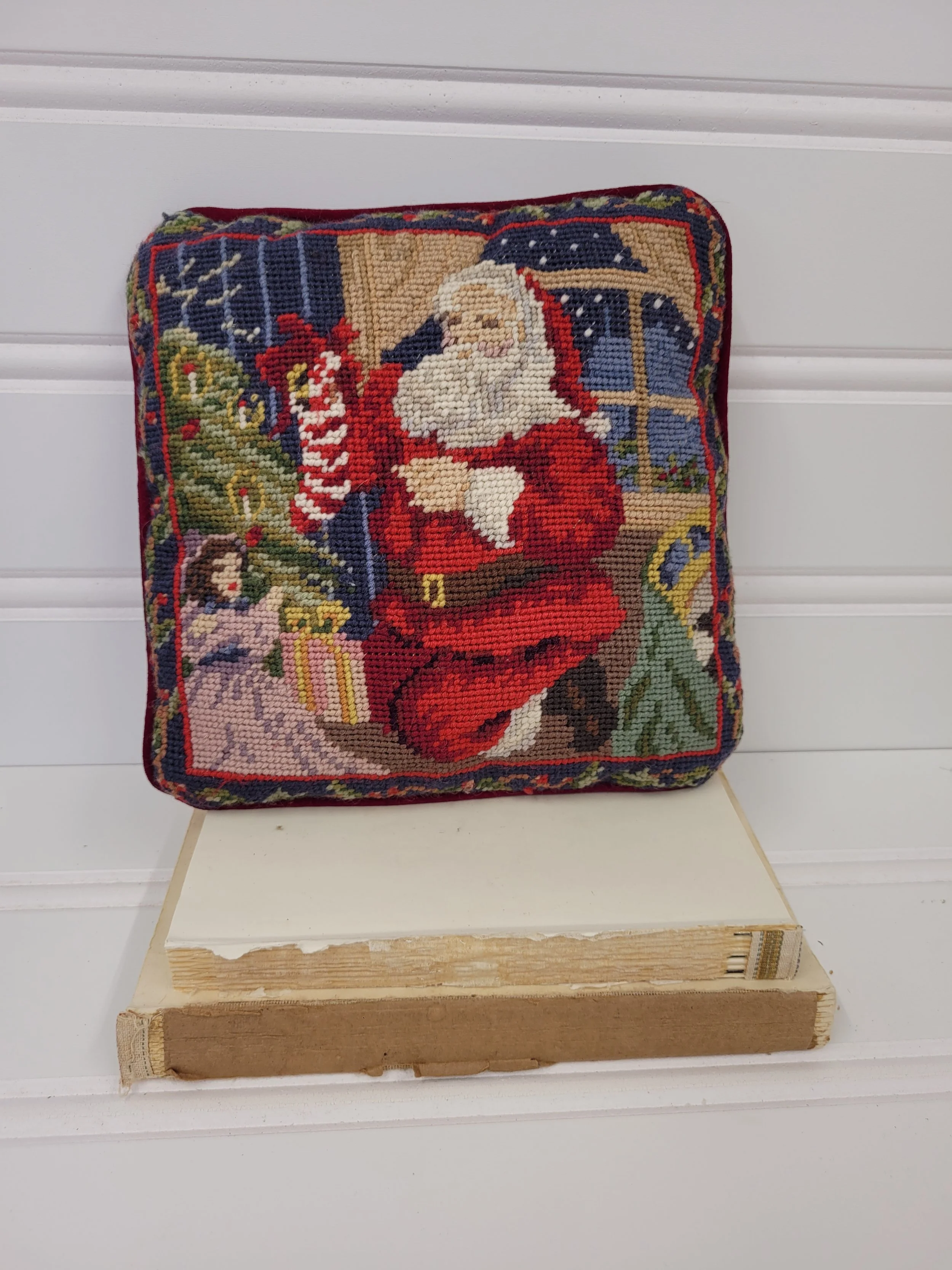needle point Christmas pillow with velvet back