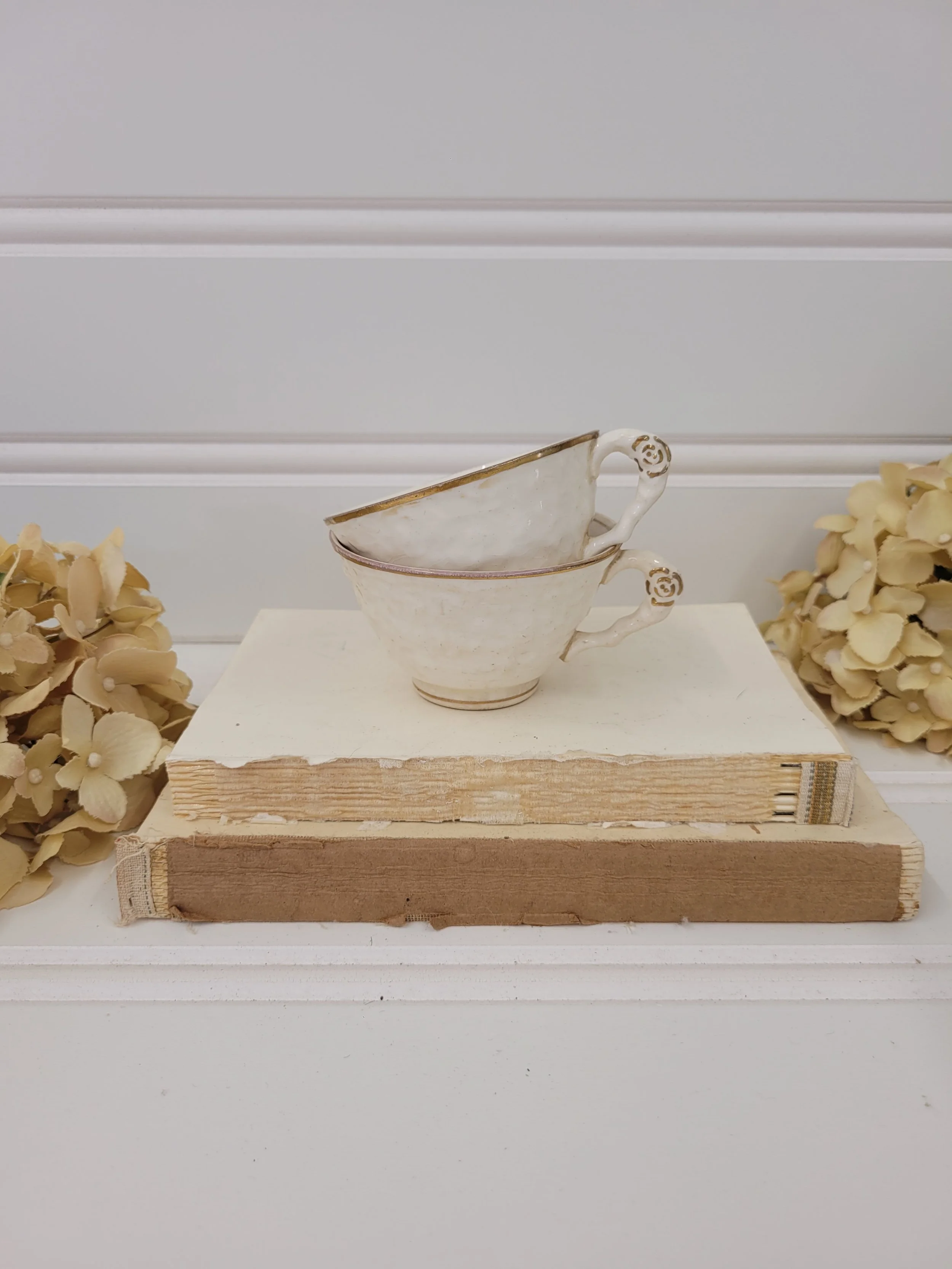 set of 2 vintage white and gold teacups