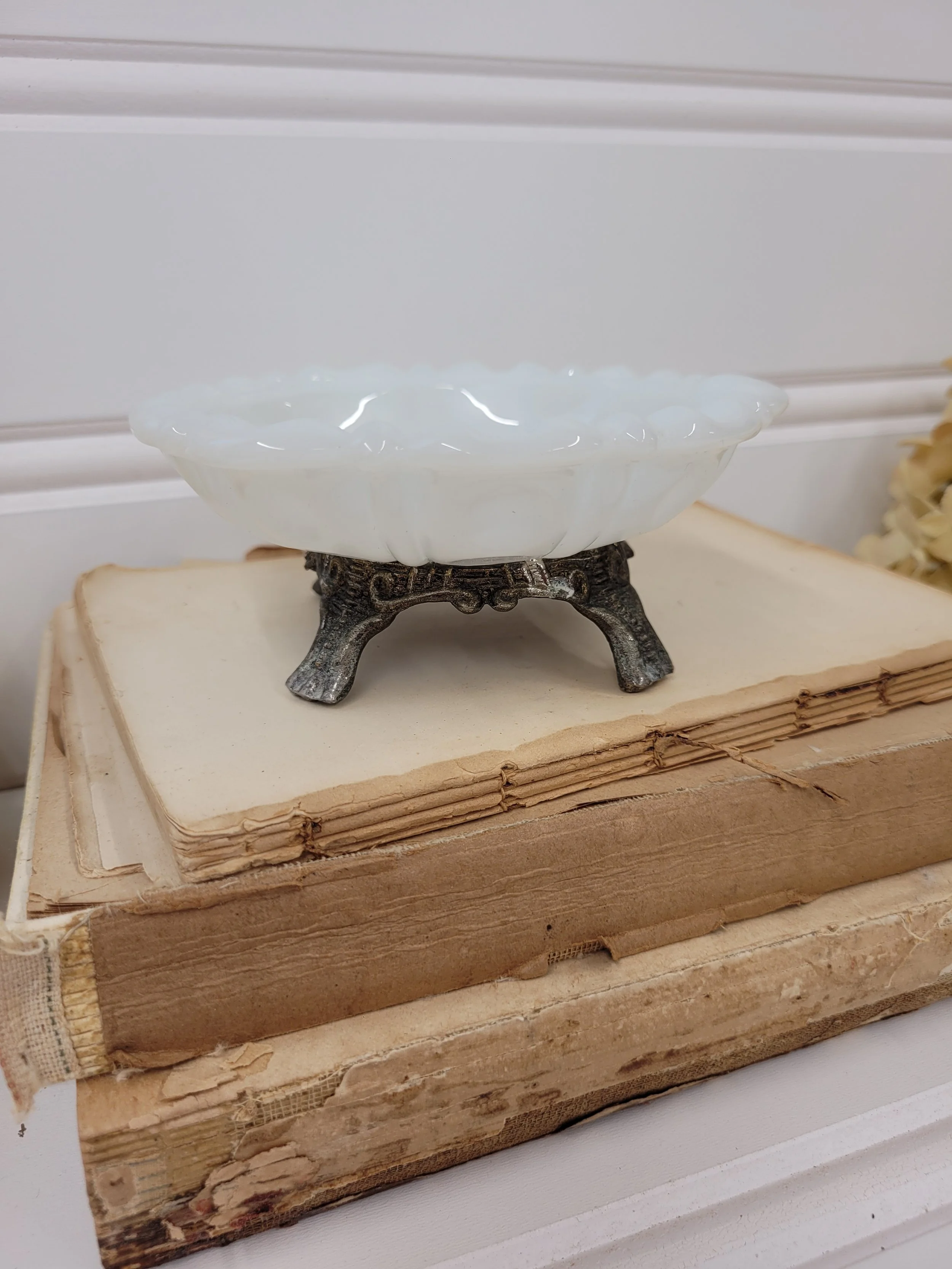 milk glass soap / trinket dish with brass bottom