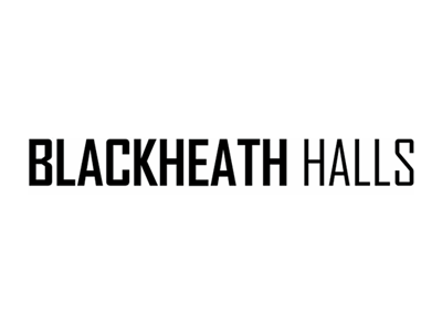 Blackheath Halls logo with black and white text.