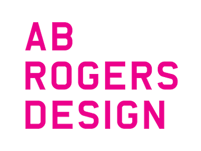 Pink text on a white background that reads "AB ROGERS DESIGN" with the words stacked vertically.