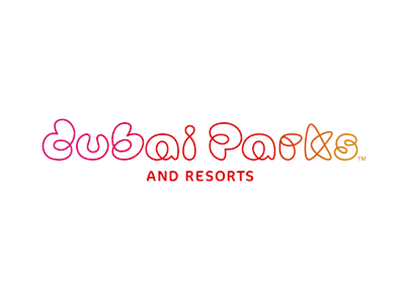 Dubai Parks and Resorts logo in pink and orange text on a white background.