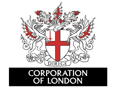 A coat of arms featuring two crowned dragons holding a shield with a red cross, and a banner with Latin text "Domine Dirige Nos" below. Beneath the coat of arms, a black rectangle contains white text reading "Corporation of London."