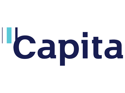 Partial view of a logo with the text 'Capita' in dark blue and three vertical lines in light blue and teal to the left.