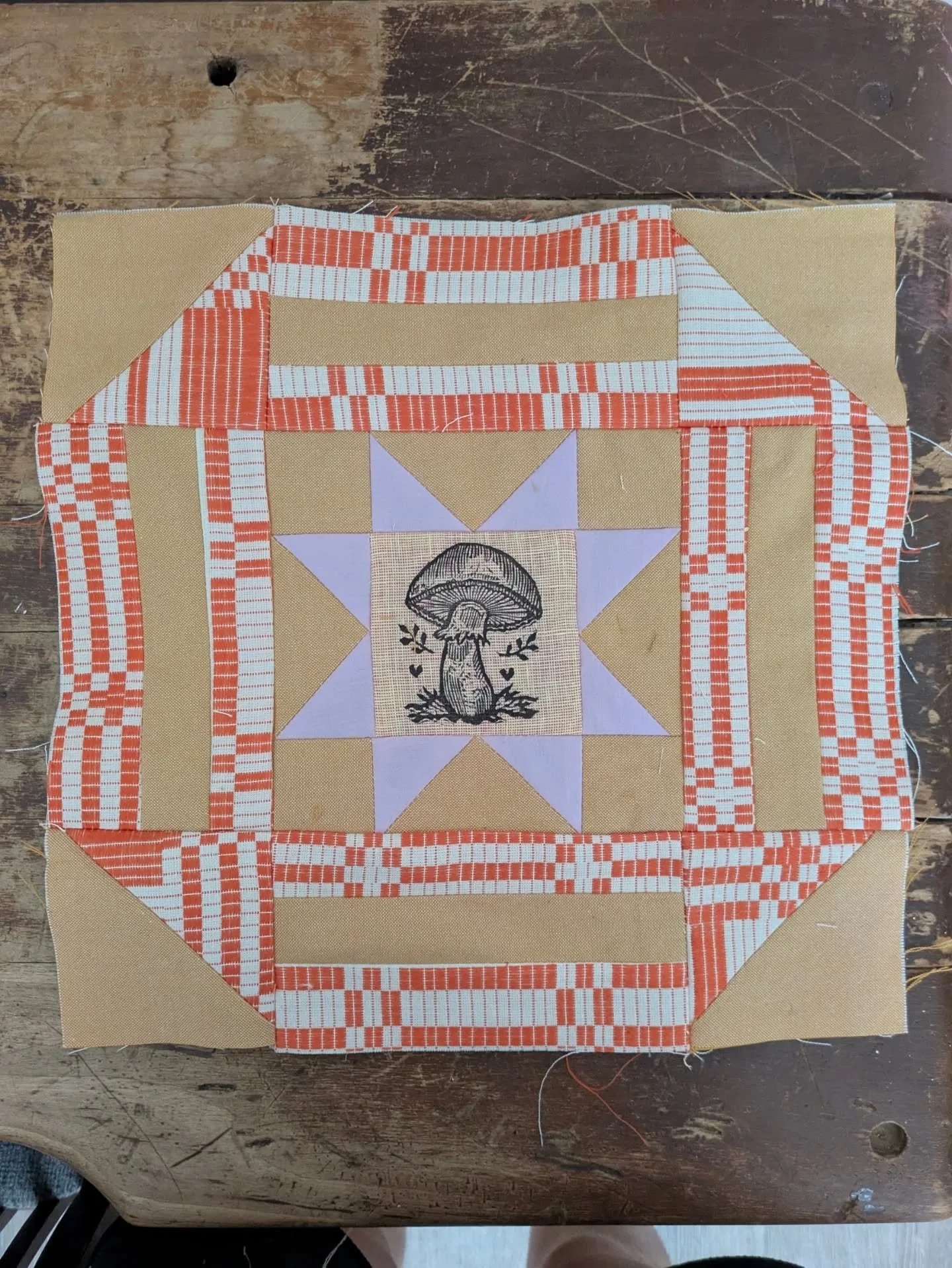 Hmm, what's this one's name... Foraging for Mushrooms? Treasure in a Fairy Ring? 

I really enjoyed this block! The design itself is called Star in the Window and it is such a fun opportunity for a little patch to shine. I also think it's one of my b