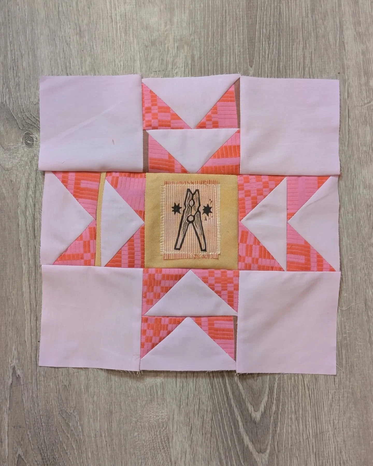 She's a little wonky but she's cute!! Here's my double t block for the #folksamplersewalong ! I wanted to do something to tie in some of the colors from my first super neon block (the orange guy in the second slide) and I think I accomplished my miss