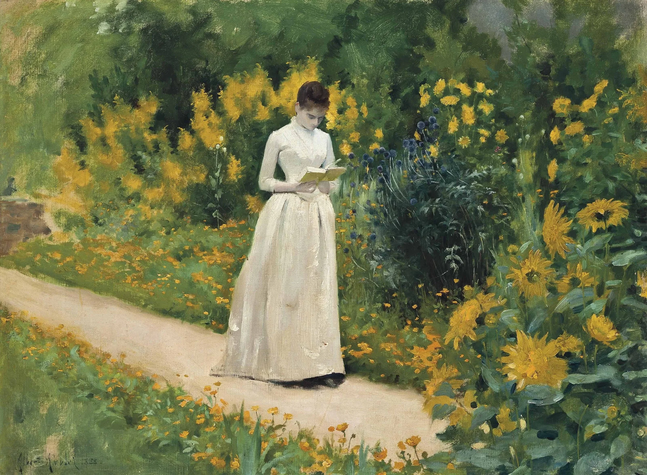 Albert Aublet's painting, Reading on the Garden Path (1883), depicting a woman in a white dress reading a book with yellow flowers in the background.