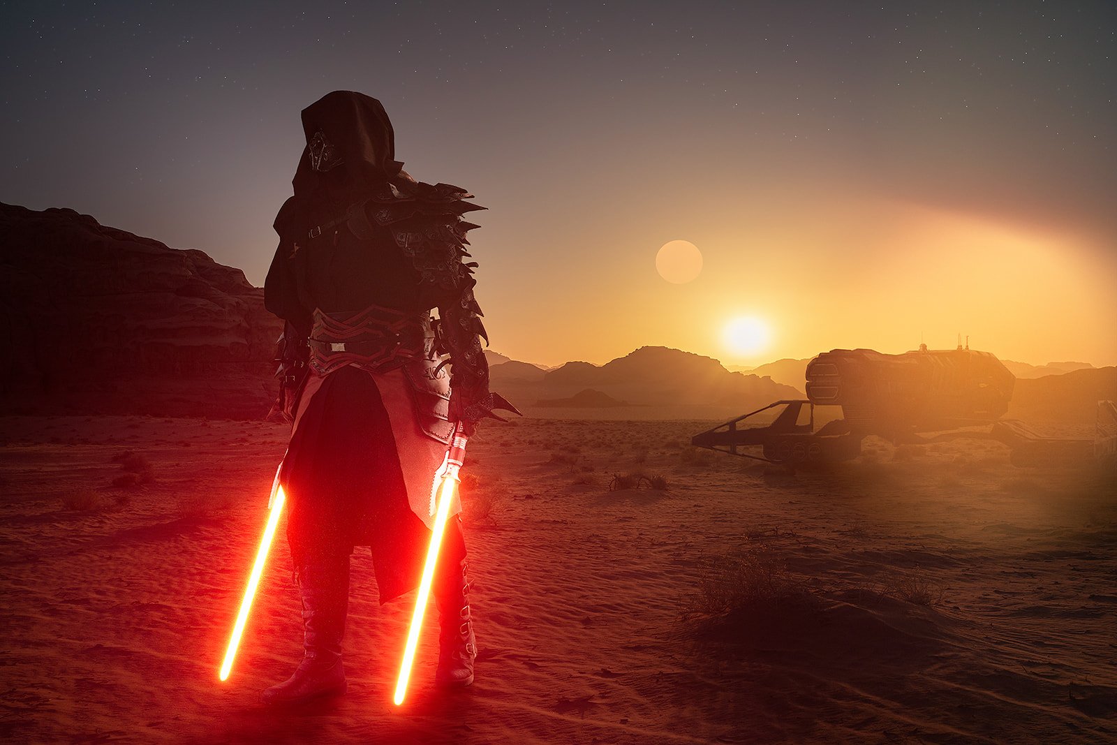 The image is a cosplay composite featuring a man dressed as a Sith Lord from the Star Wars universe. He exudes power and menace, adorned in leather armor and wielding two menacing red lightsabers. The scene is set in a desert, with a vibrant sunset c