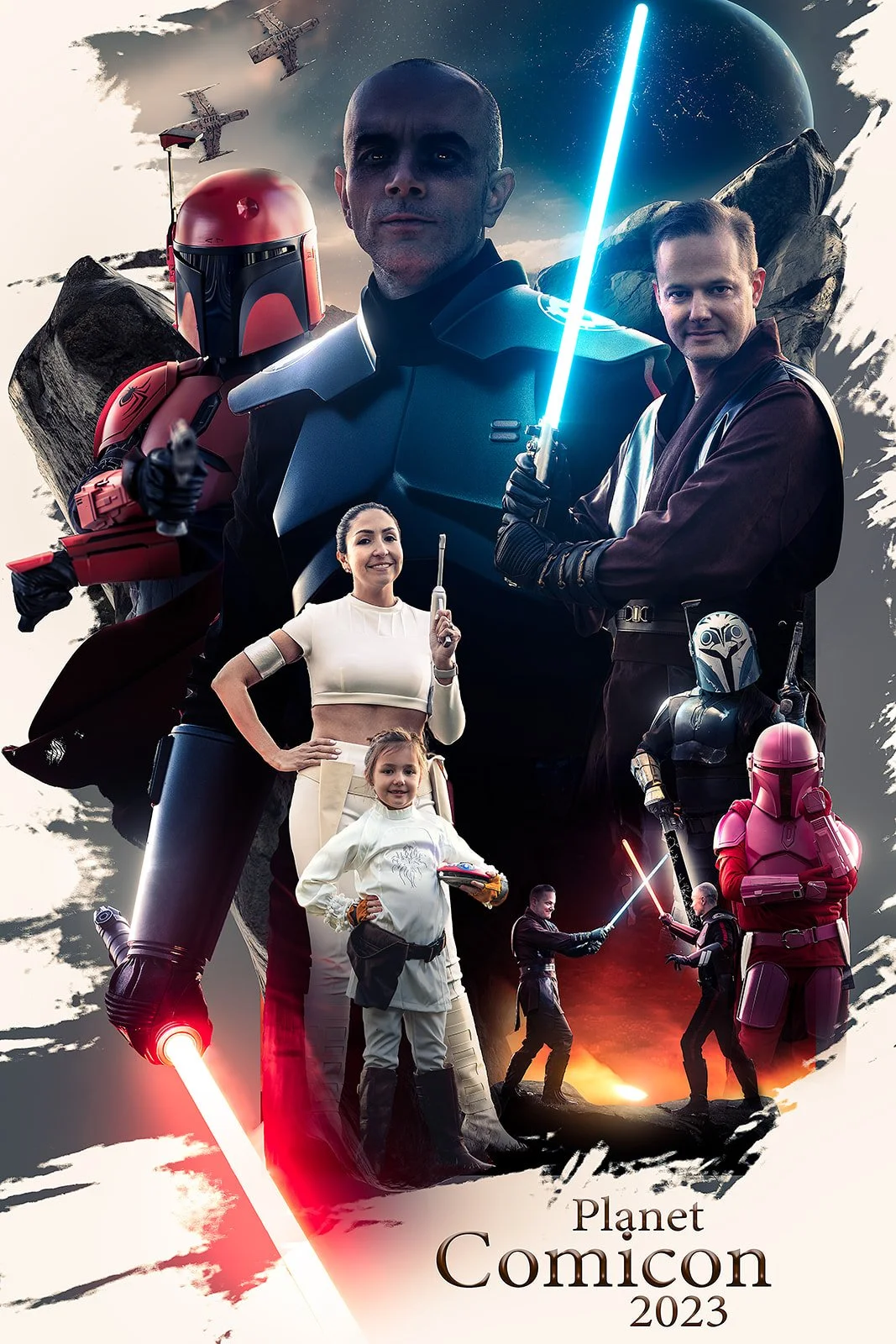 A Star Wars family cosplay poster reminiscent of classic movie posters. The family is striking a dynamic pose, embodying iconic Star Wars characters. The composition captures the essence of adventure and excitement, with a touch of nostalgia, often f