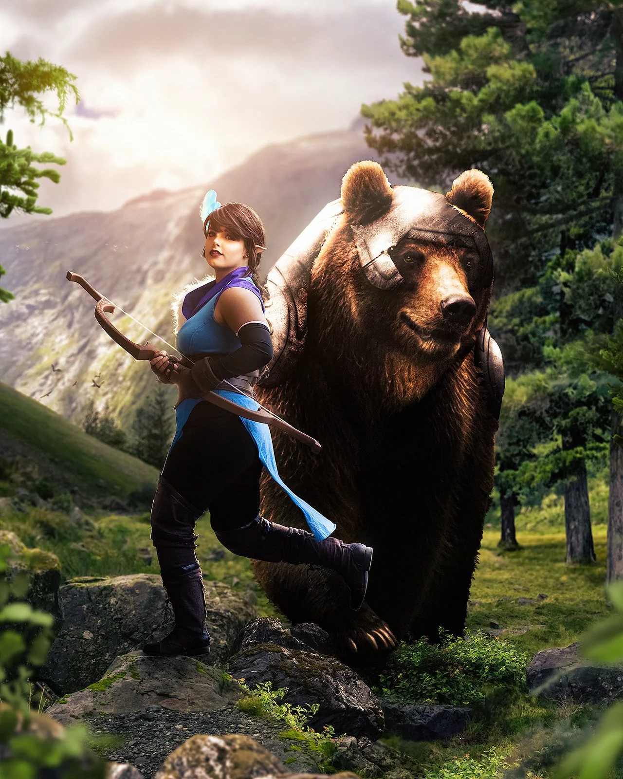 A woman cosplaying as Vex'Ahlia from Critical Role, gracefully dancing while looking into the camera. Her loyal bear companion, Trinket, stands confidently beside her. They are surrounded by a picturesque grassy landscape with trees and majestic moun