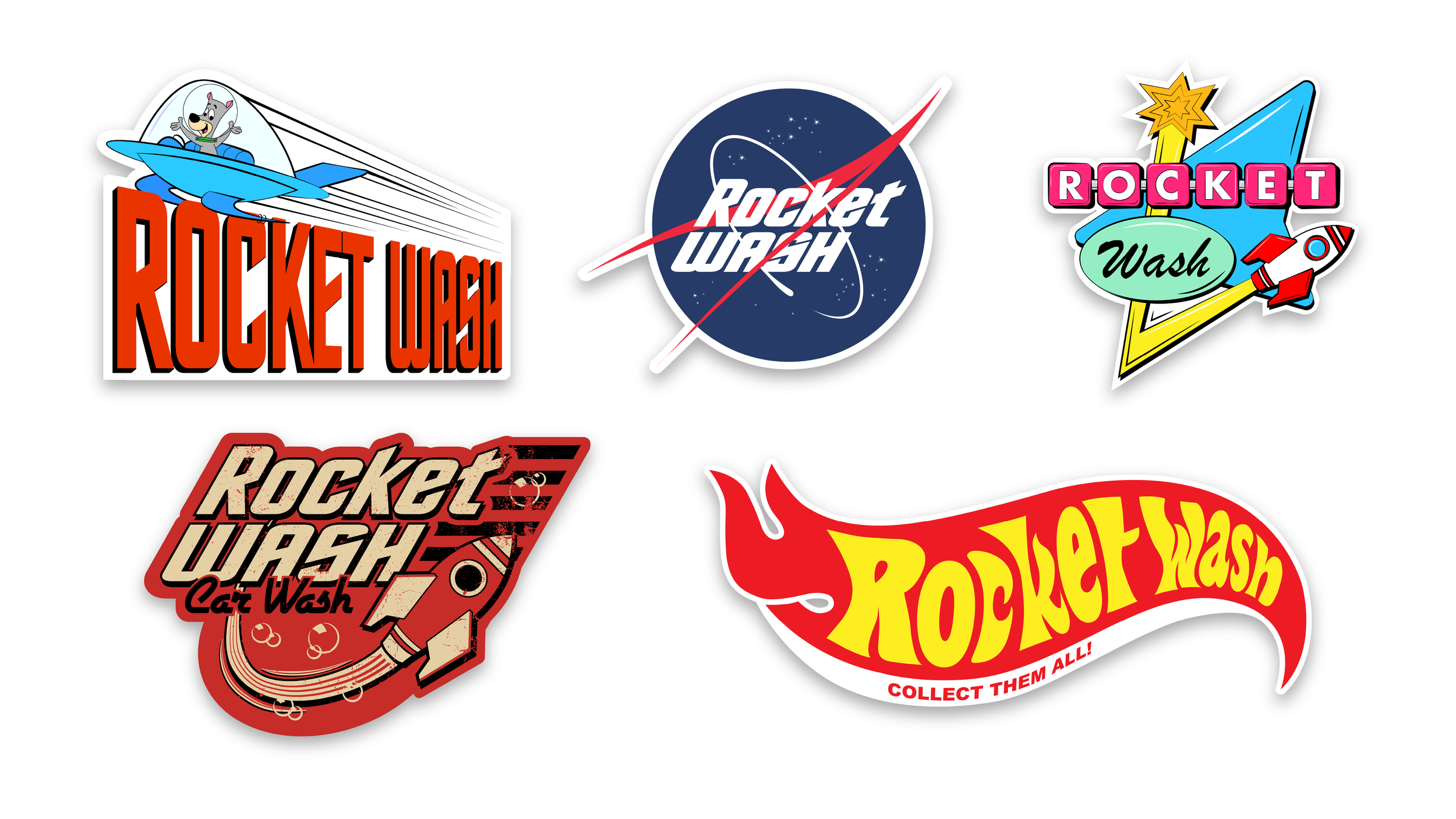Working with Rocket Wash meant designing for various promotions. These range from stickers to handout and t-shirts for crew members.