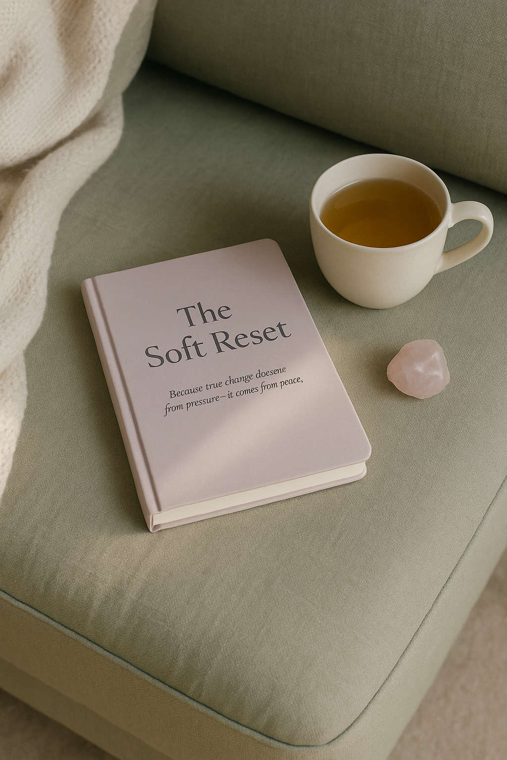 A pink book titled 'The Soft Reset' with a subtitle about true change, placed on a green sofa armrest. Next to it, there is a white mug filled with tea and a pink gemstone.