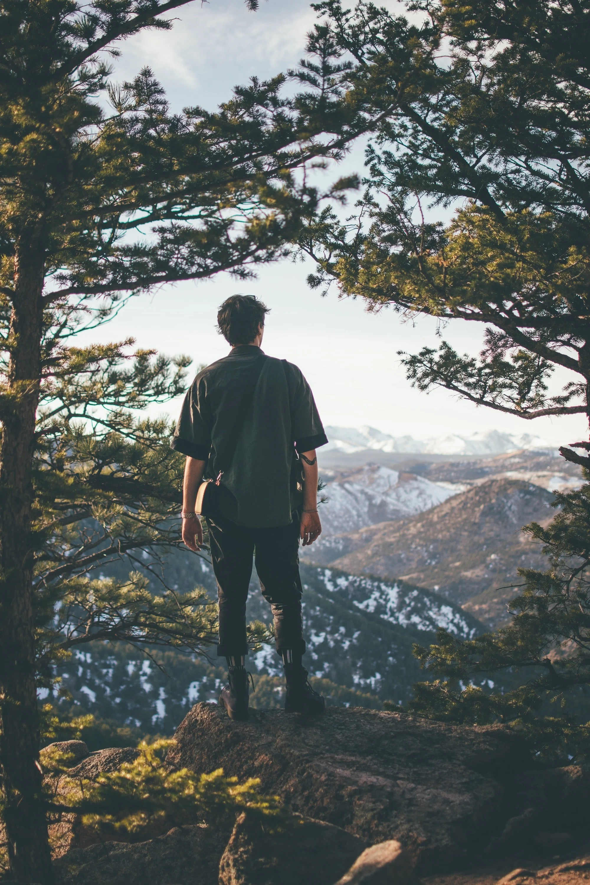 Person standing on rocks amid trees and mountain landscape feeling alone on their journey.