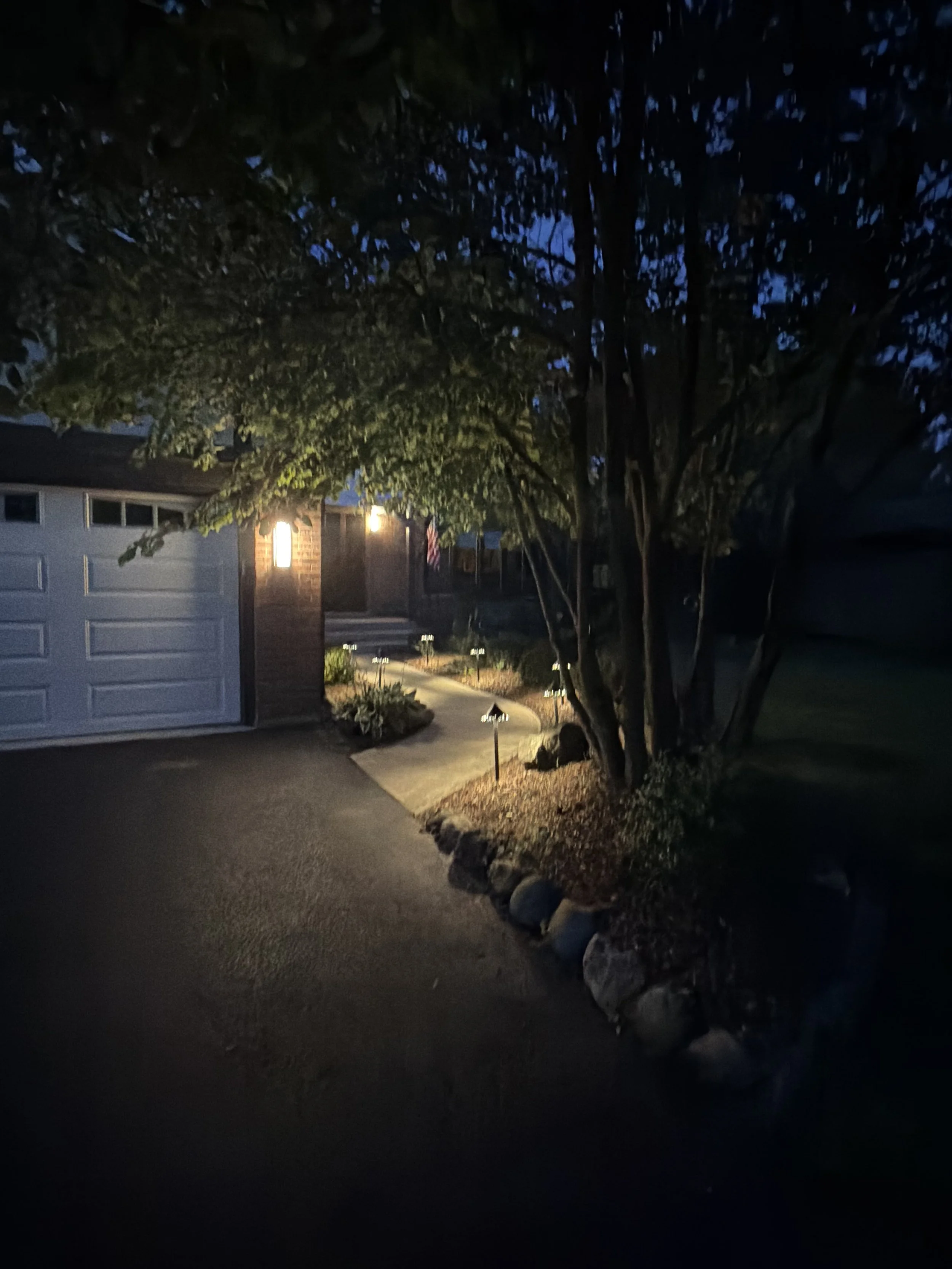 Night view from the driveway of a lit walkway, rock-edged planting bed, and mature trees.