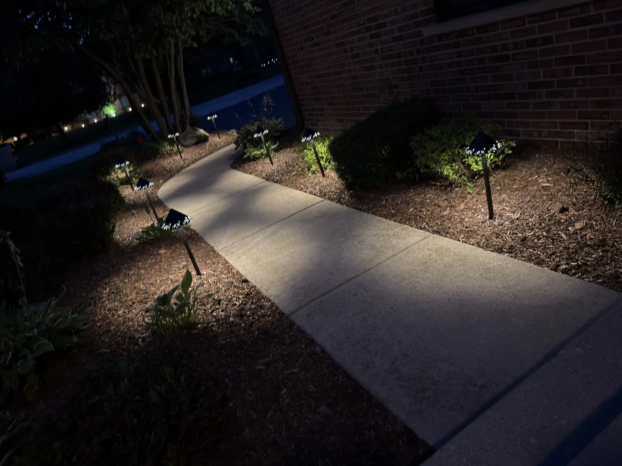 Night view of a walkway turning through mulch beds with low-voltage path lights and foundation plantings.