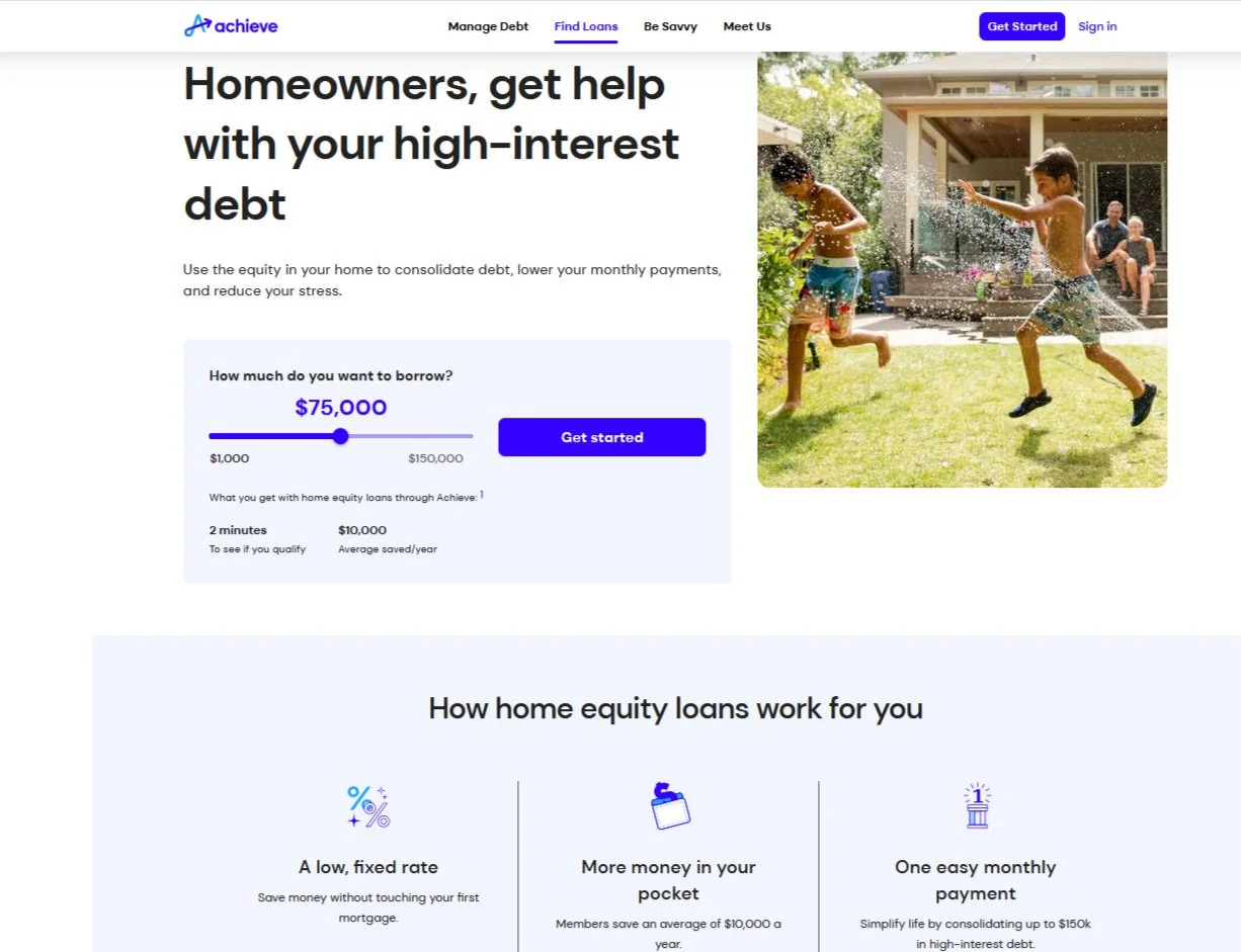 Screenshot of the Home Equity loans page on Achieve.com