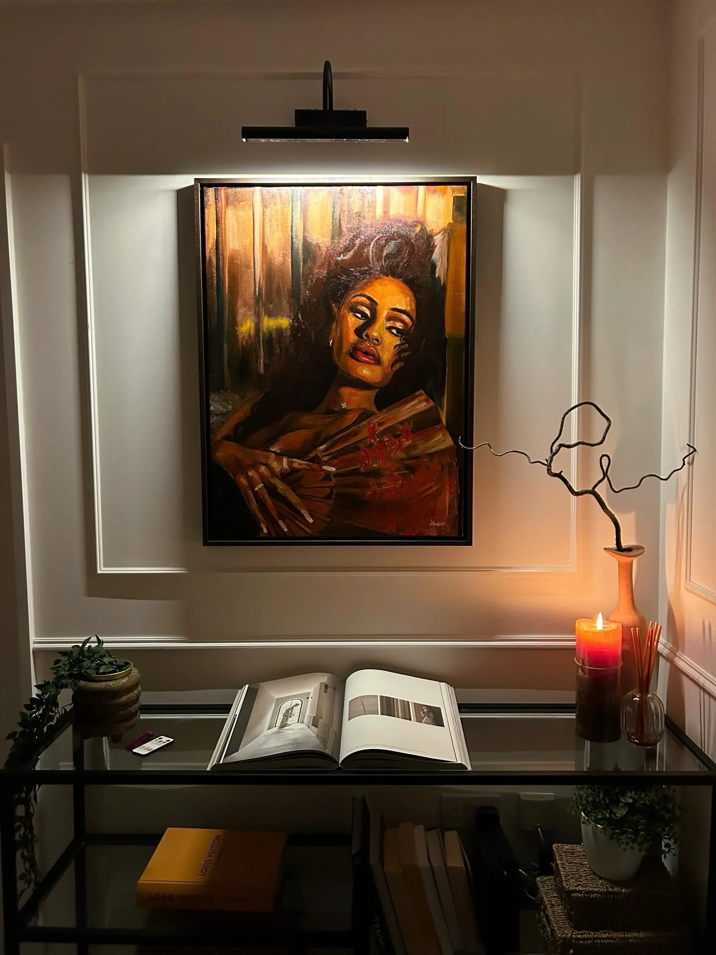 Sorry, but how perfect is this setup?

I&rsquo;ve started to learn that every painting is destined for someone, and I really couldn&rsquo;t imagine a more perfect home for this gorgeous girly.

We moved her around, tested a few ideas, and even though