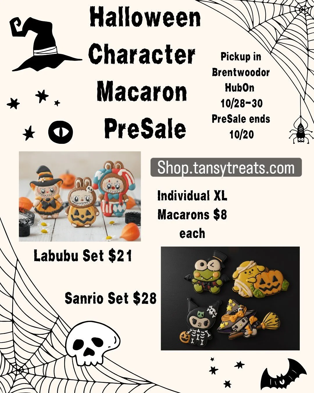 ⭐️ 🎃 We are launching our HALLOWEEN MACARON BOXES!
 
Starting today orders are open until 10/20 midnight! Pickup will be available 10/28-30 through porch pickup in Brentwood or other east bay cities via HubOn. 

We have two sets Sanrio and Labubu - 