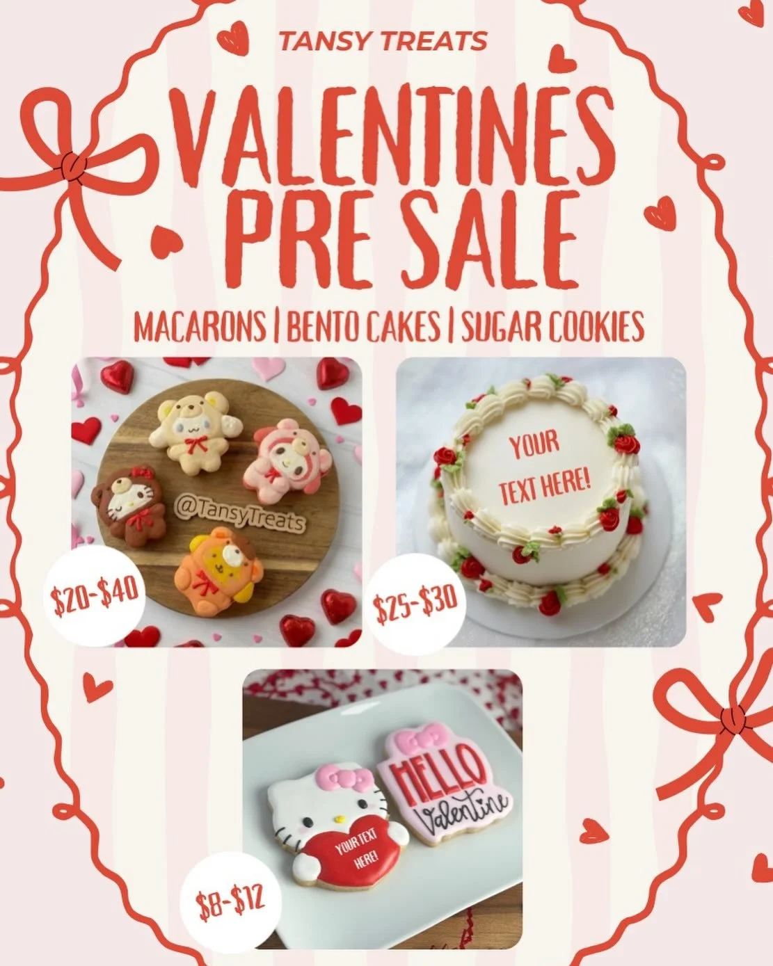Last week to preorder! Link in bio and stories ❤️ 

💕Sanrio and Heart shaped macarons 
⭐️ HK sugar cookie w/custom message 
🍰 Bento cake w/custom message (3 flavors to choose from!)
 
📍 porch pickup in Brentwood 2/13&amp;14 - pickup around the eas