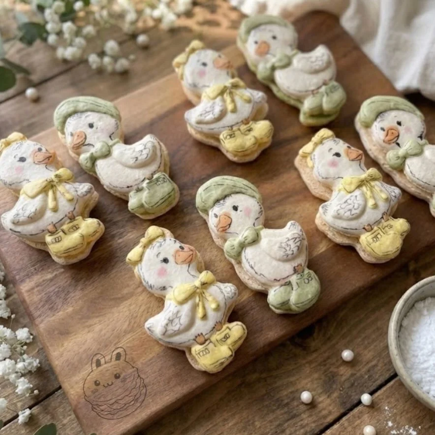 💛 🪿 💚 

gender reveal geese macarons filled with vanilla bean buttercream 

Swipe to see the non edited version of me holding it in the light over a charging cord 😅 the edit really killed the quality of the photo tho 🥲

#charactermacarons #macar