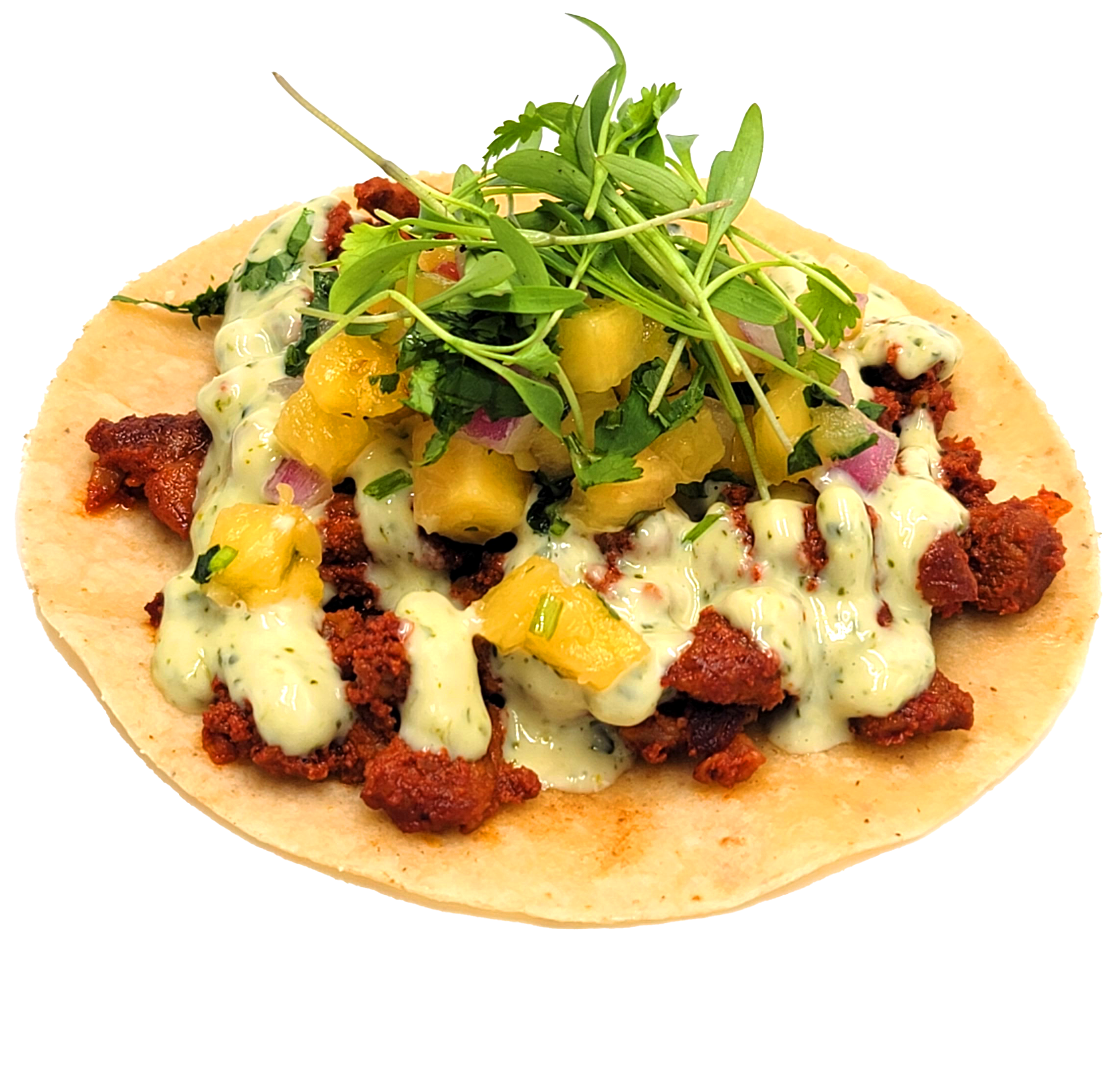 Pork al pastor taco with caramelized pineapple and salsa verde